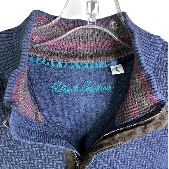 Robert Graham Sweater Mens L Blue 1/4 Zip Pullover Brennand Geometric Classic - Picture 2 of 9